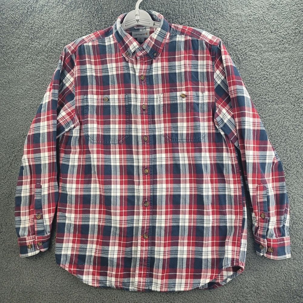 Carhartt Flannel Shirt Red White Blue Mens Medium Plaid Relaxed Fit Work Wear