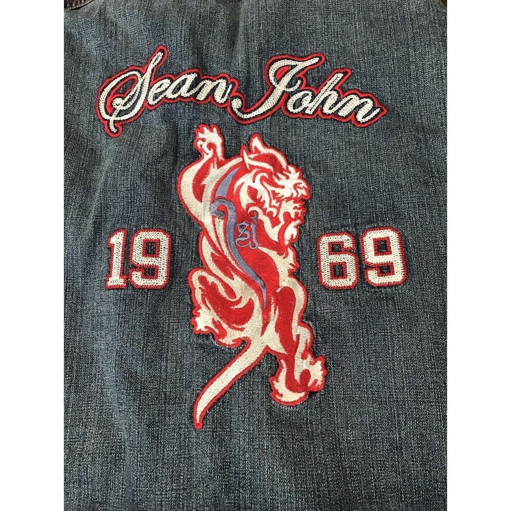 Awesome !!! Sean John Black Denim Jacket Size XXL Embroidered LION On Back