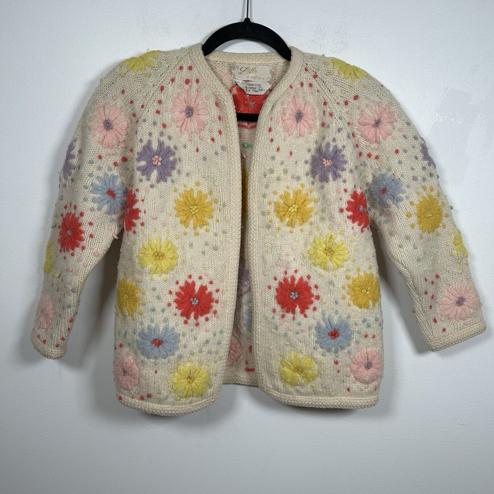 VTG Lilly of California Wool Cardigan Sweater Cream Floral Hippie Women's Large