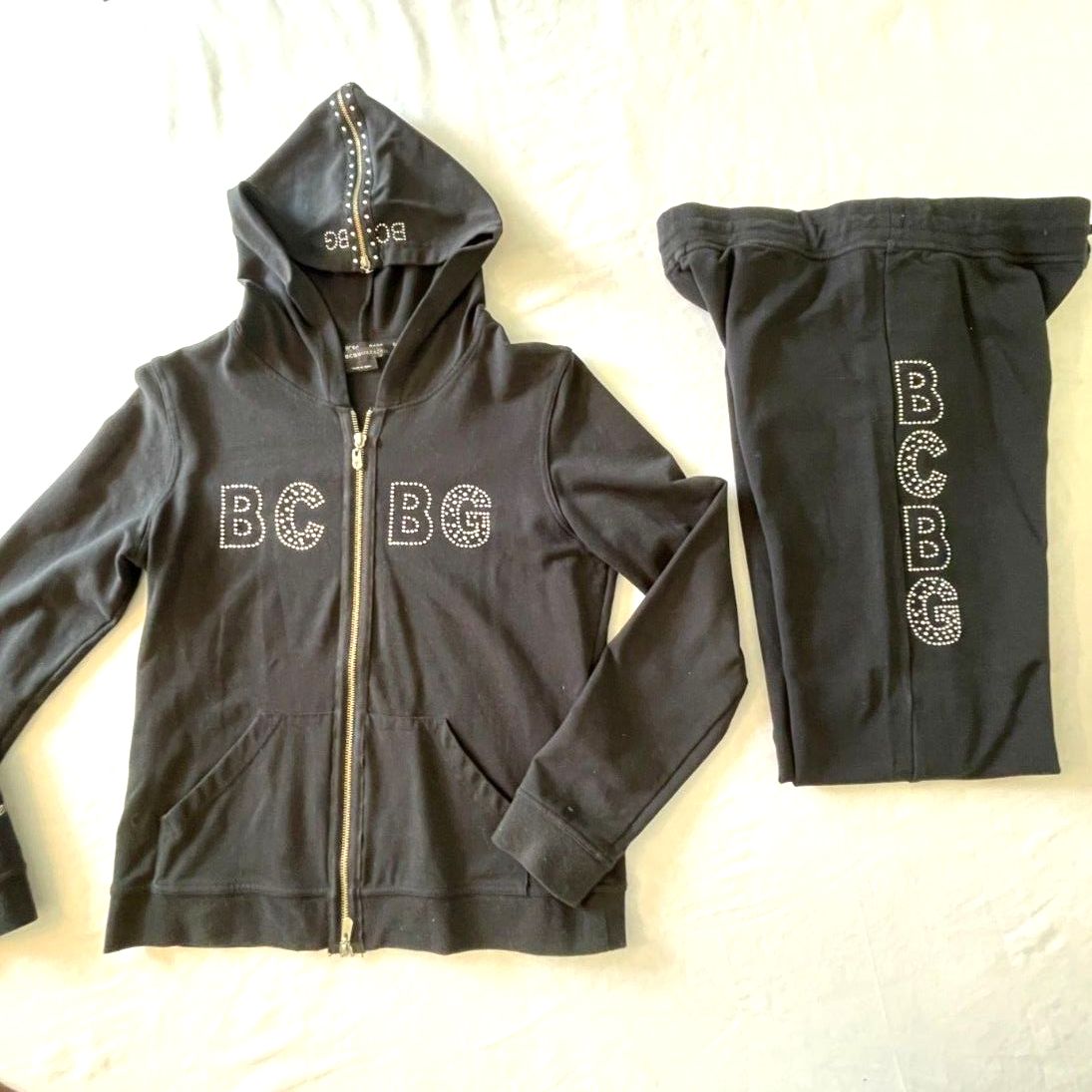 Y2K BCBG MAXAZRIA Track Suit Logo Rhinestone 2000 Leisurewear Black Hooded L