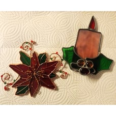2 Vintage Stained Glass Christmas Decor Poinsettia Holly Candle Suncatchers
