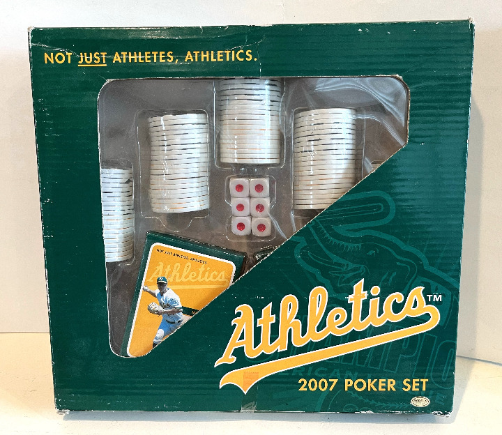 Oakland A’s 2007 Poker Chip Set ~ 2 Decks of Playing cards 100 Chips and 6 Dice