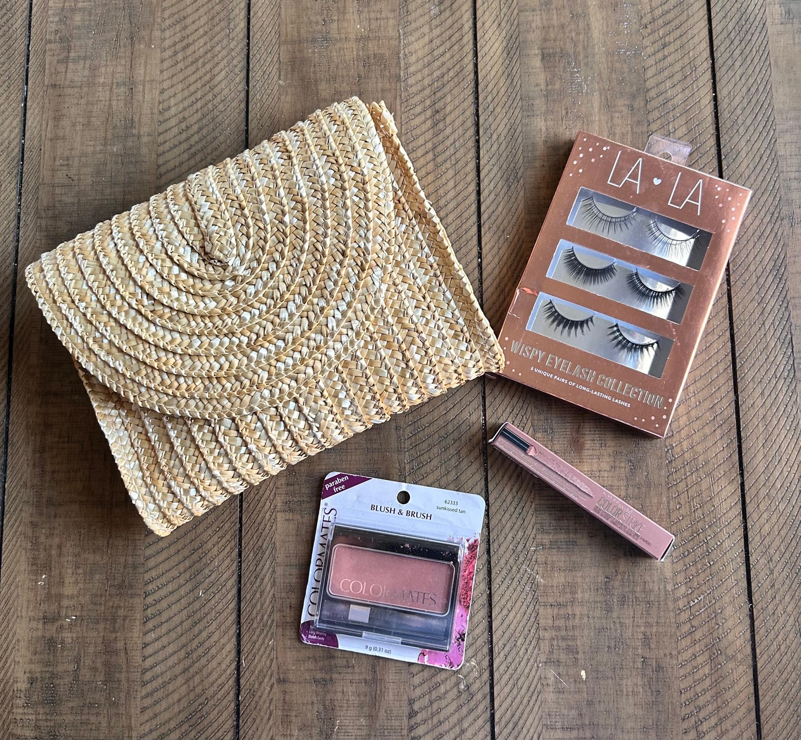 Makeup Set with Woven Clutch, Fake Eyelashes, Blush and Maybelline Eye Shadow