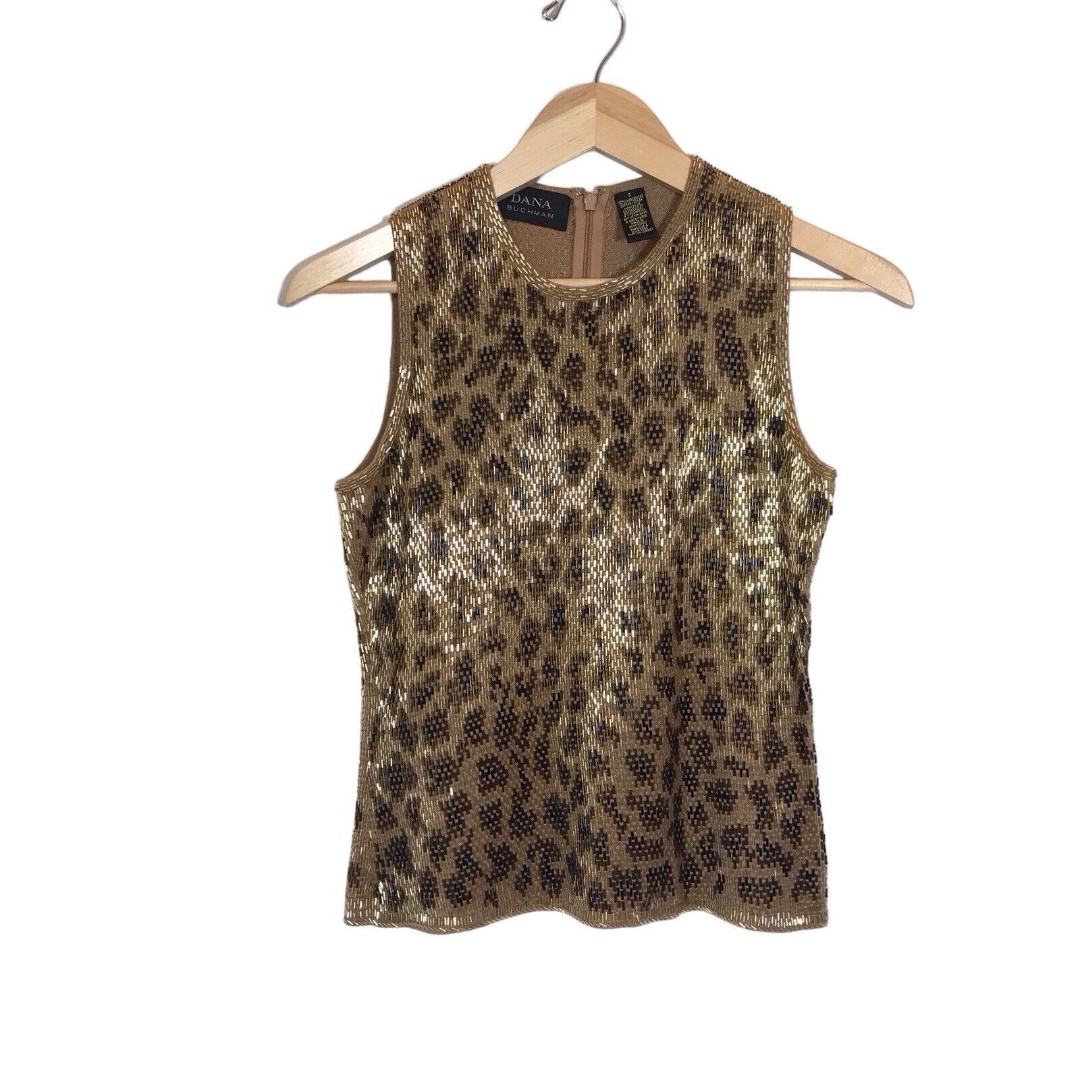 Dana Buchman Women's Large Gold Black Leopard Print Fully Beaded Sleeveless Top