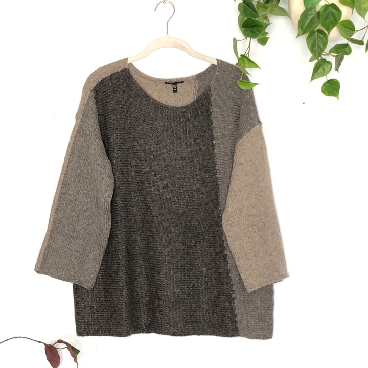 Eileen Fisher Wool Mohair Gray Pullover Colorblock Knit Sweater XS