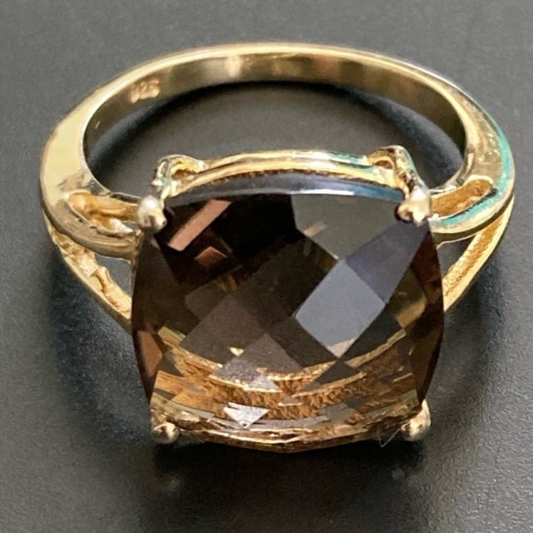 5 CT NATURAL SMOKY QUARTZ 14K/925 STERLING SILVER RING SIZE 6