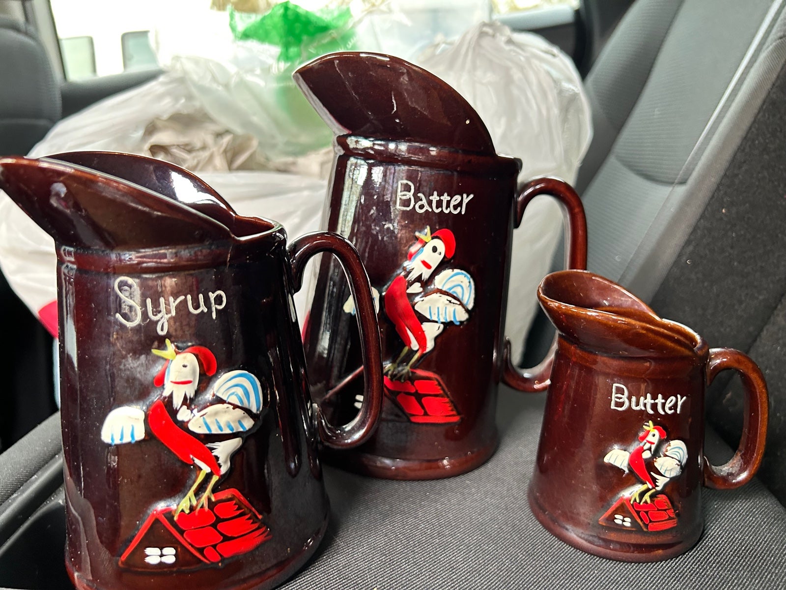 Vintage 1950s Redware Rooster pancake batter set