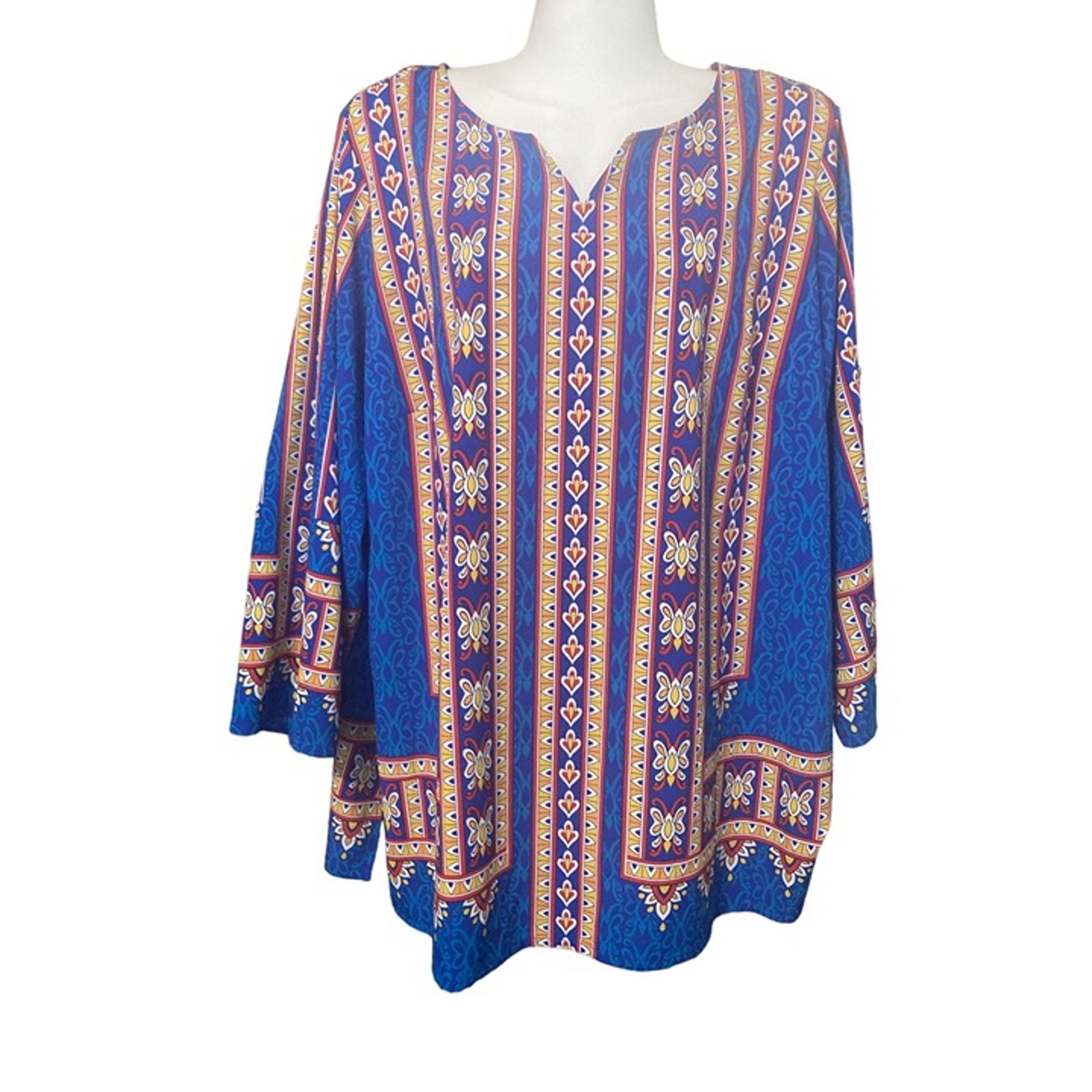 Womens Bob Mackie Wearable Art Long Sleeve Pullover Blouse Tunic Multi Blue 1X
