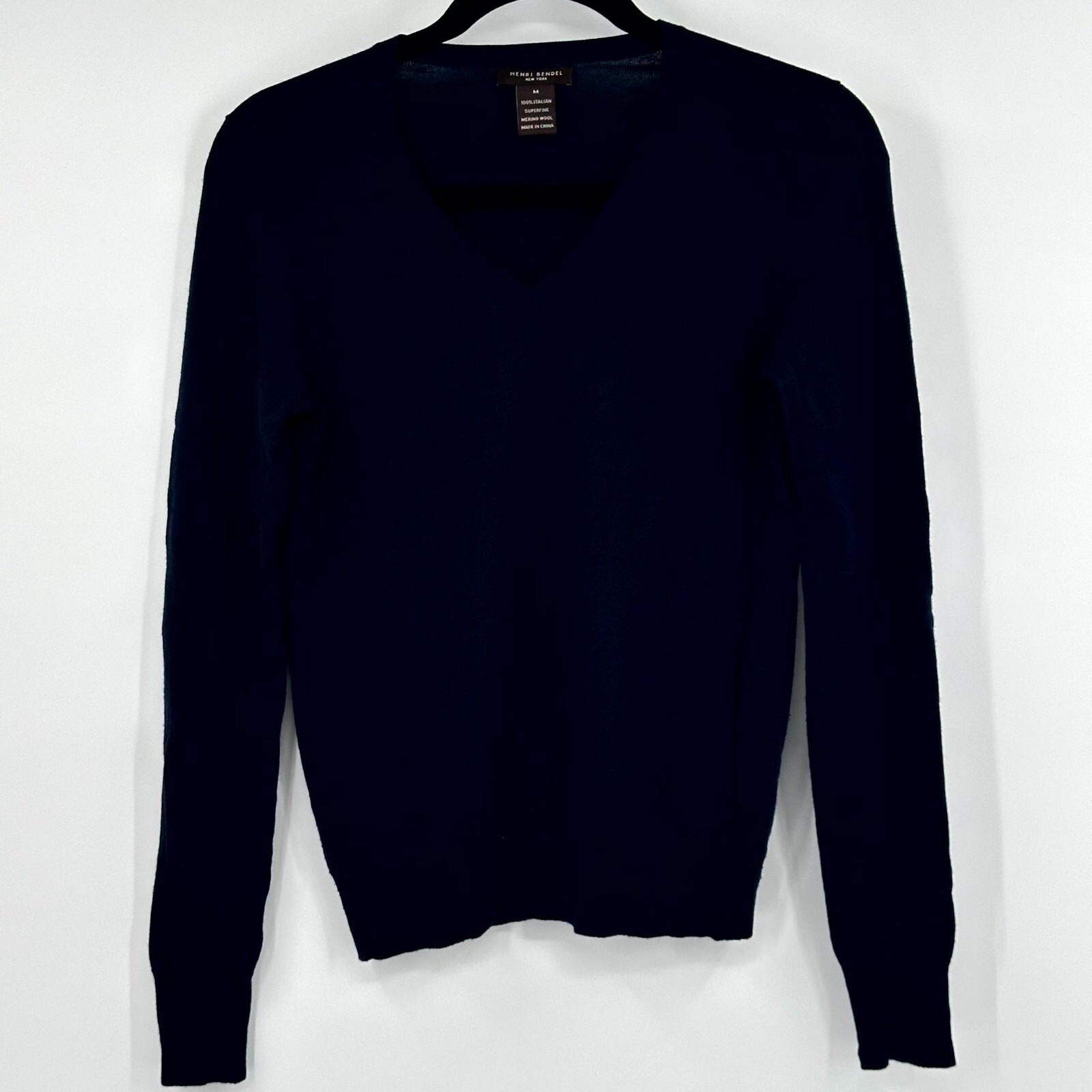 Henri Bendel Sweater Women Medium Blue Merino Wool Raglan Sleeve V Neck Pullover