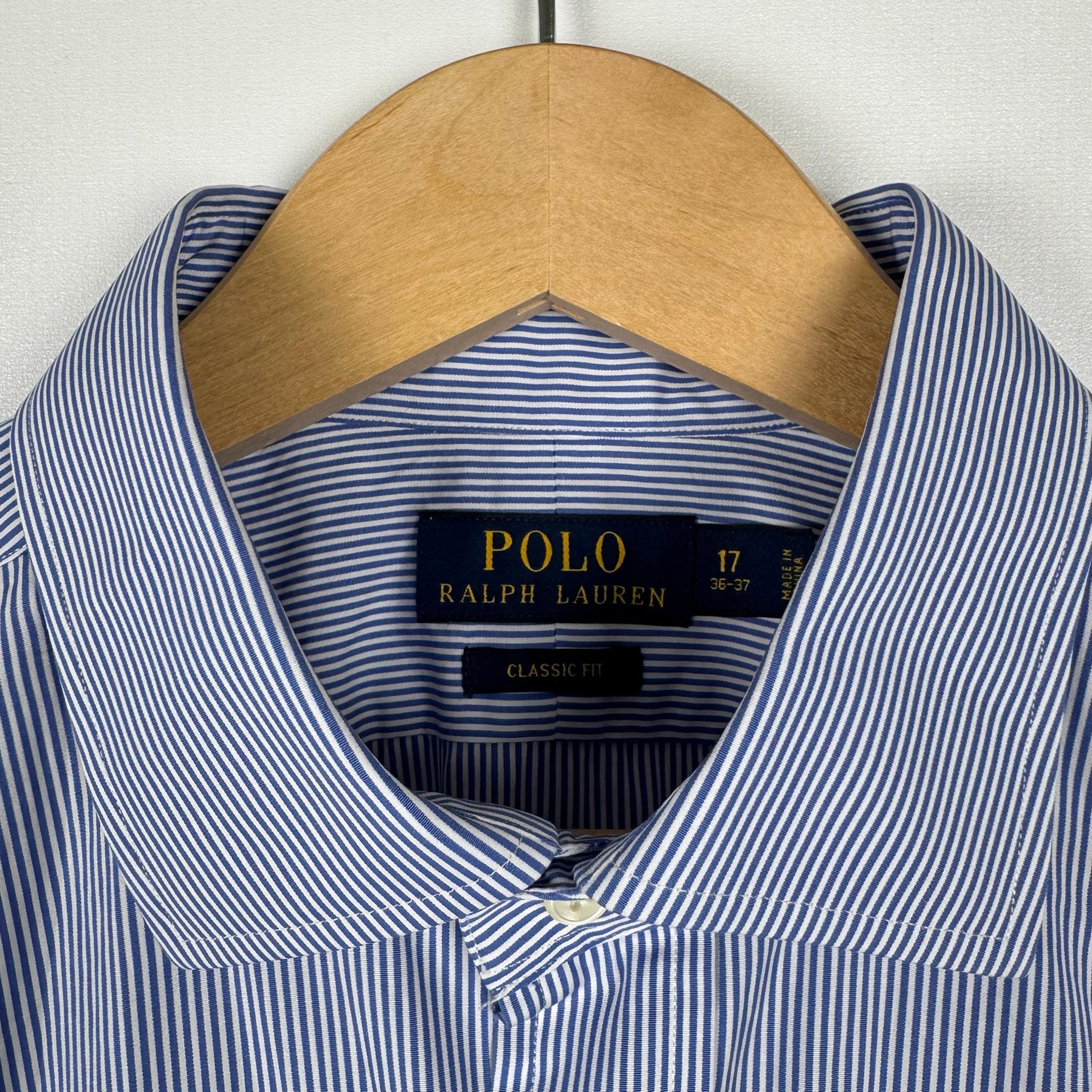 Polo Ralph Lauren Mens Blue Striped Cotton Poplin Dress Shirt Size 17 36/37