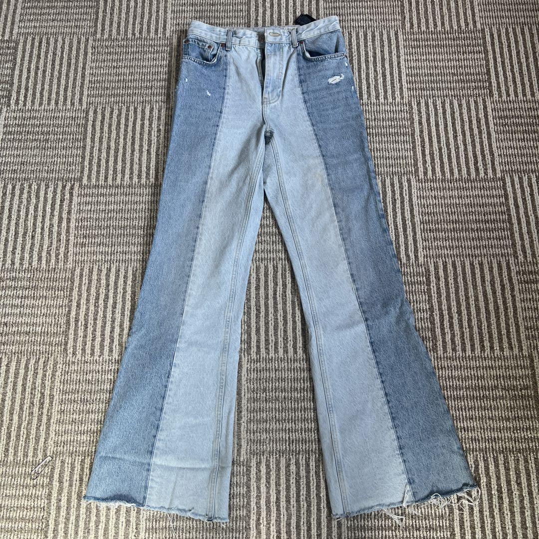 ZARA Patchwork Flare Denim Pants 31 Blue