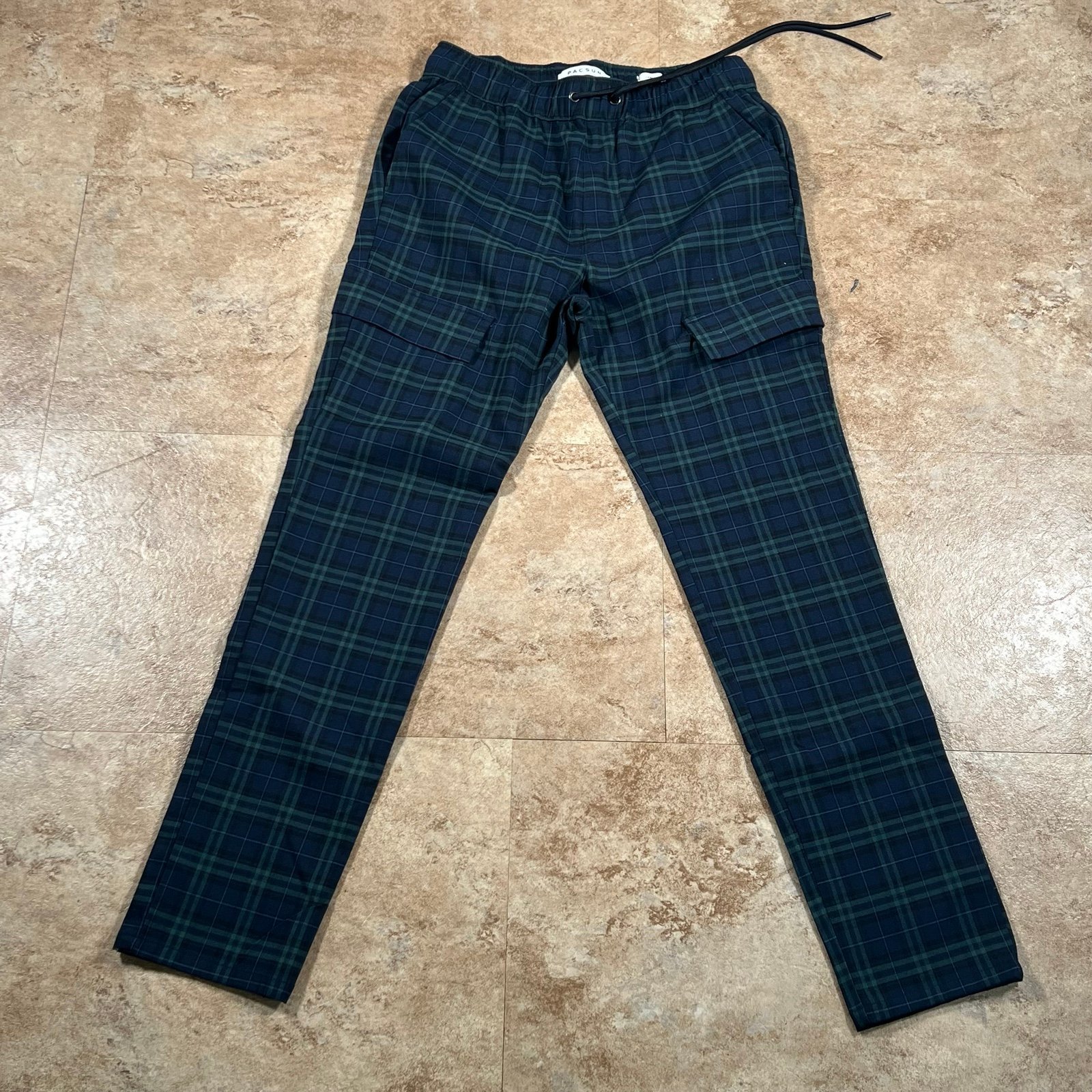 Pacsun Pant Mens Small Blue Green Plaid Cargo Drawstring Stretch Pocket Trouser