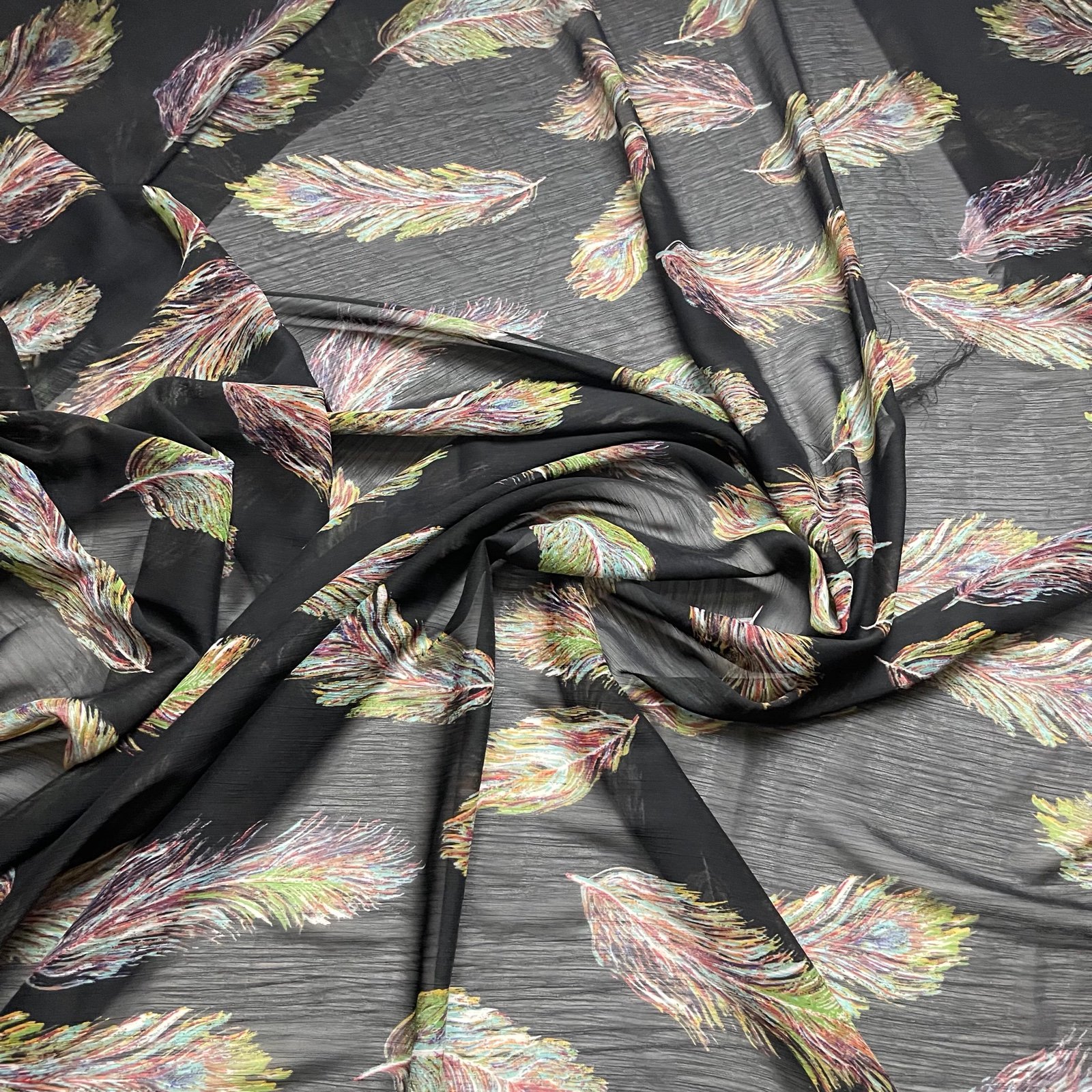 Black Multicolor Feather Print Sheer Chiffon Lightweight Fabric