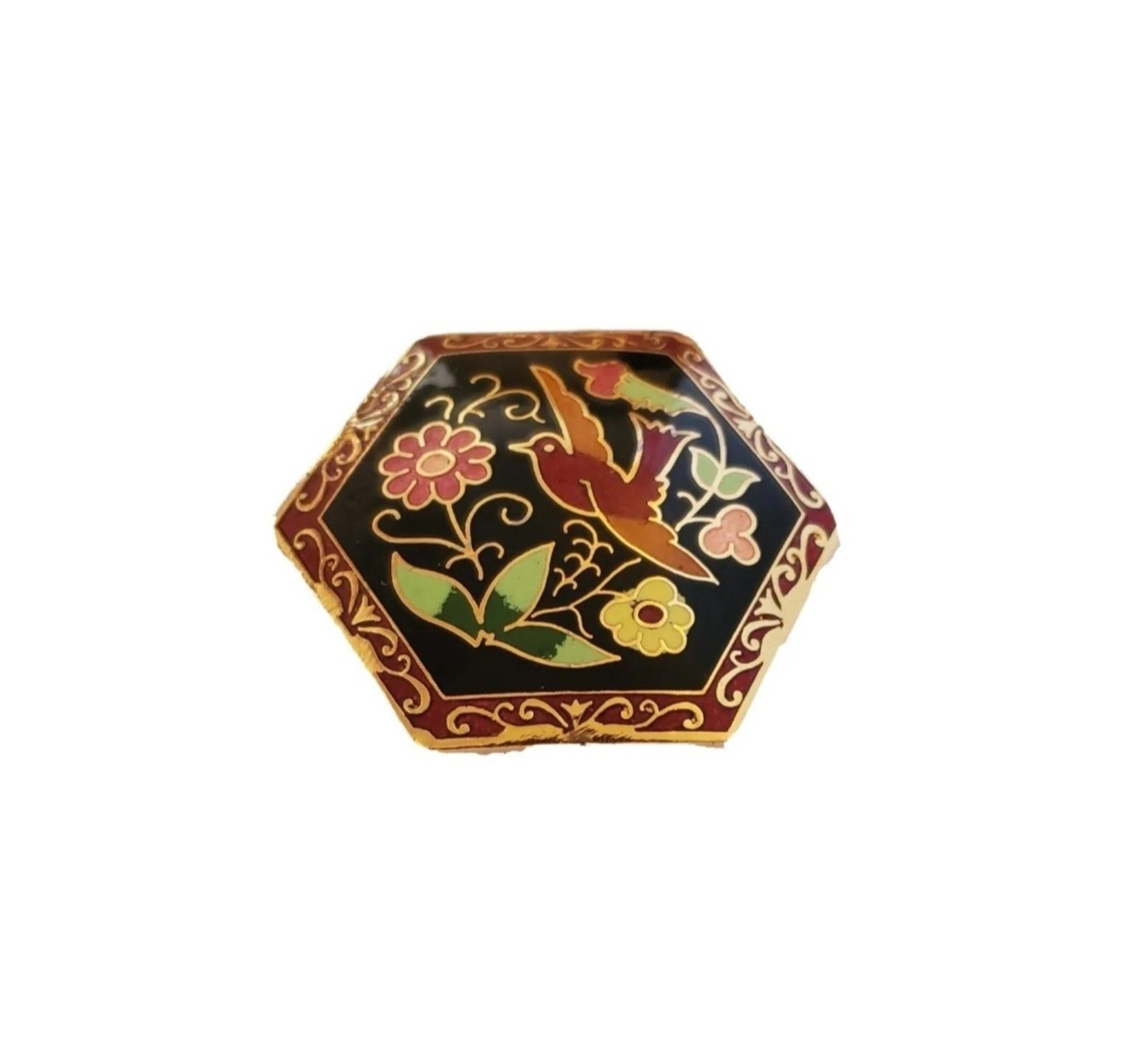 Vintage Cloisonne Scarf Clip Floral & Red Bird Enamel on Gold Tone Metal 1.5"