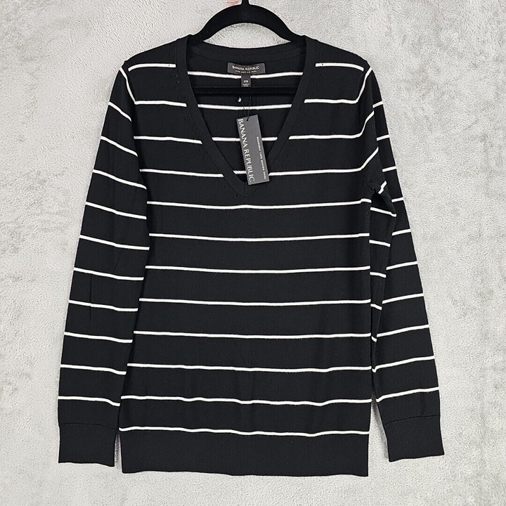 Banana Republic Merino Wool Sweater Womens Size XS Black Striped Washable V-Neck