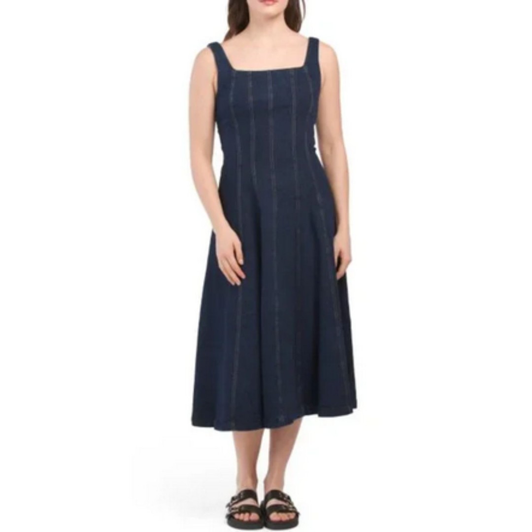 Denim Elie Tahari Square Neck Seamed Sleeveless Swing Midi Jean Dress (NWT)