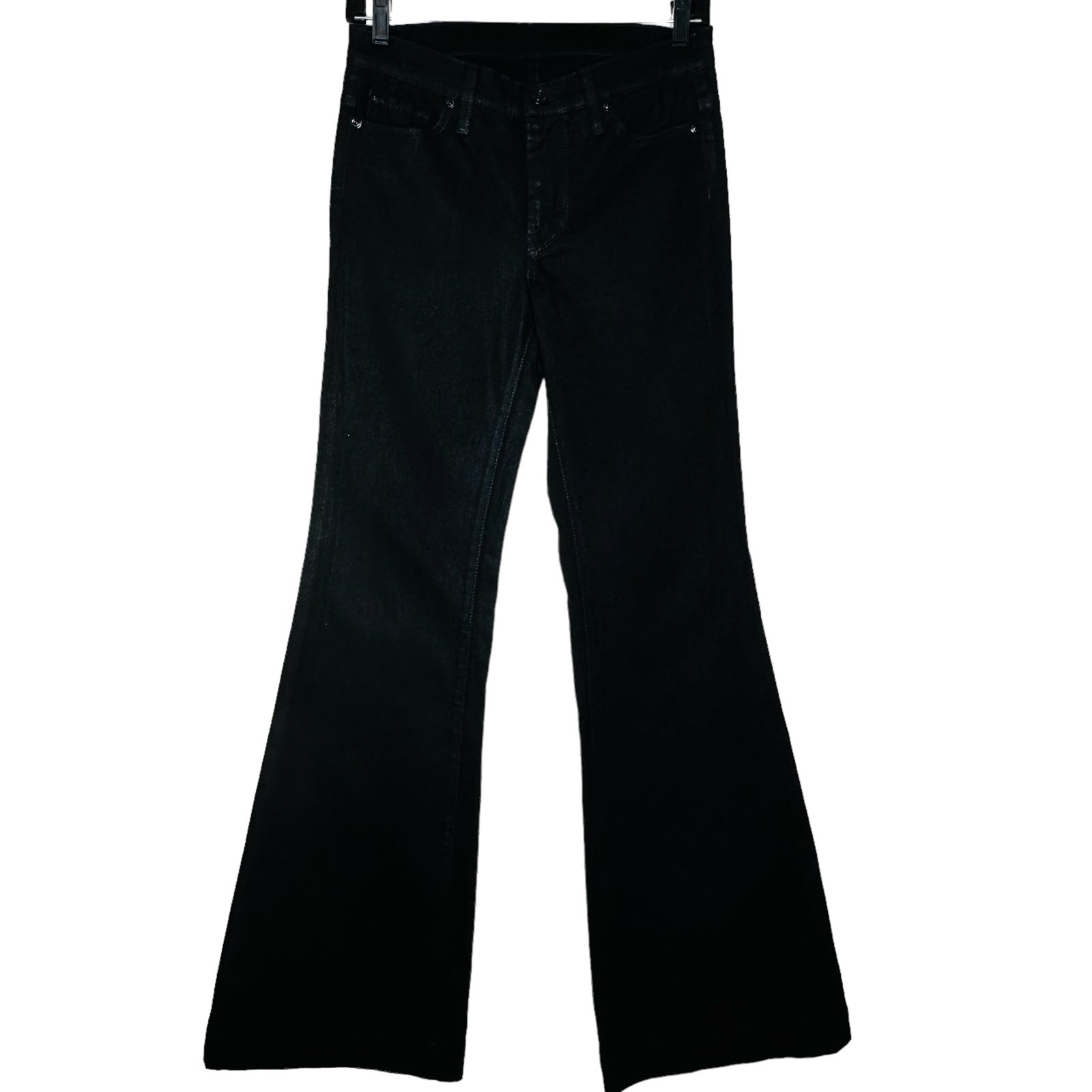 7 For All Mankind Women’s Flared Black Jeans Mid Rise Slightly Coated Sz.27X33”