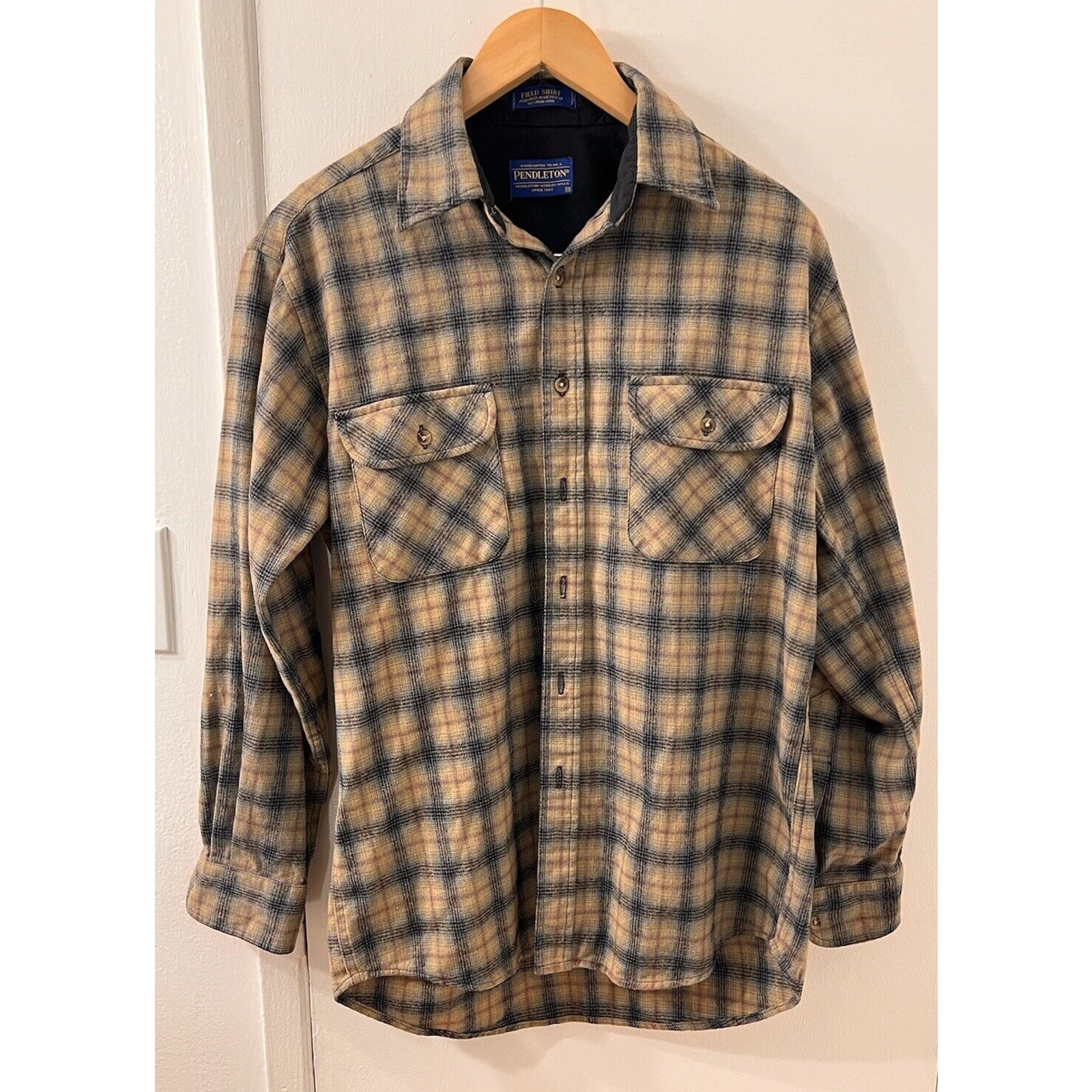 Pendleton Wool Field Shirt Medium Flannel Plaid Tan Vintage USA