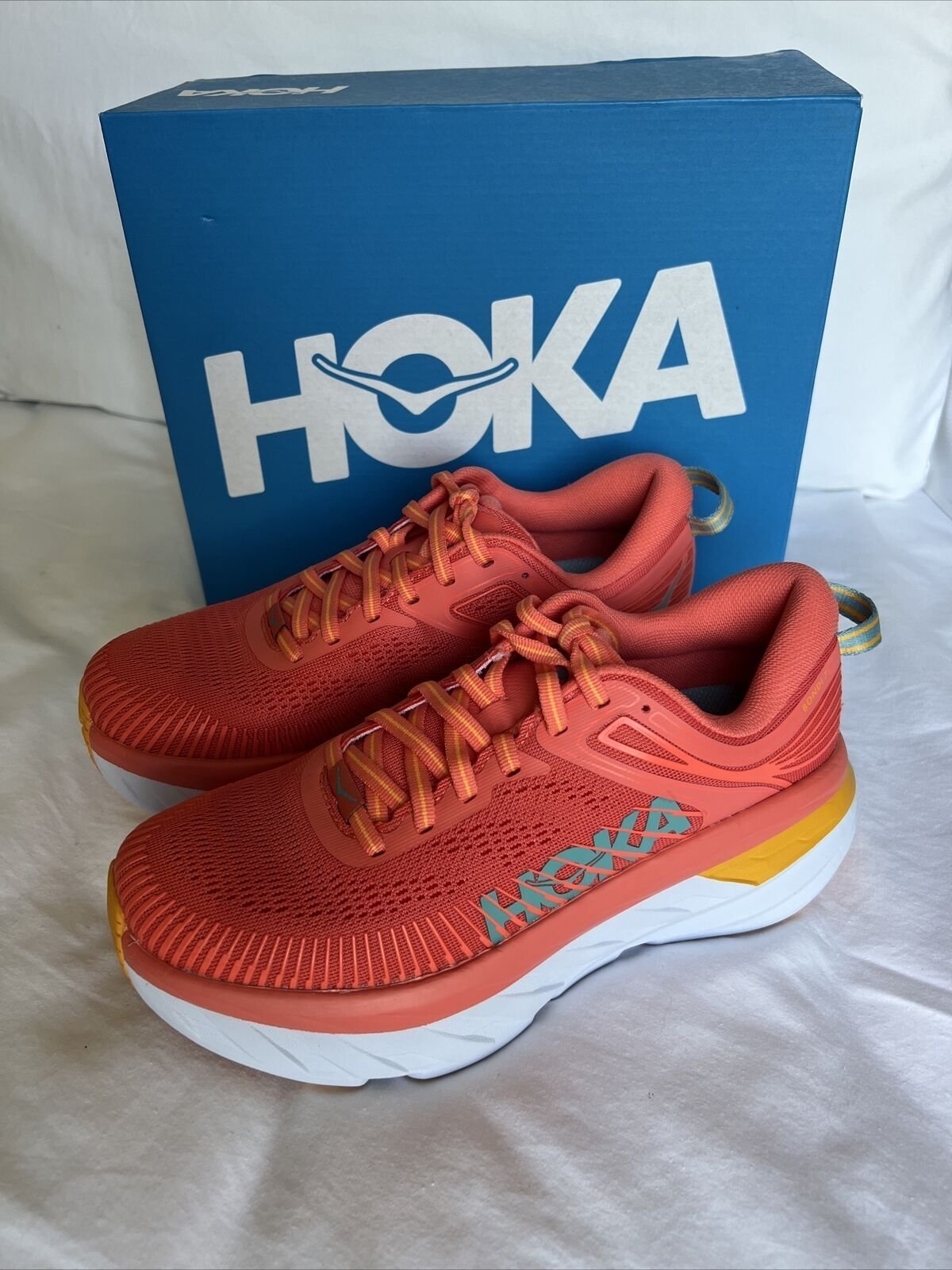 NEW HOKA One BONDI 7 Running Shoes Sz 6 NIB Orange Camellia Coastal Shade Women