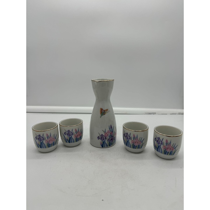 Vintage Asahi 5 Piece Japanese Saki or Tea Set Iris Flowers Butterfly