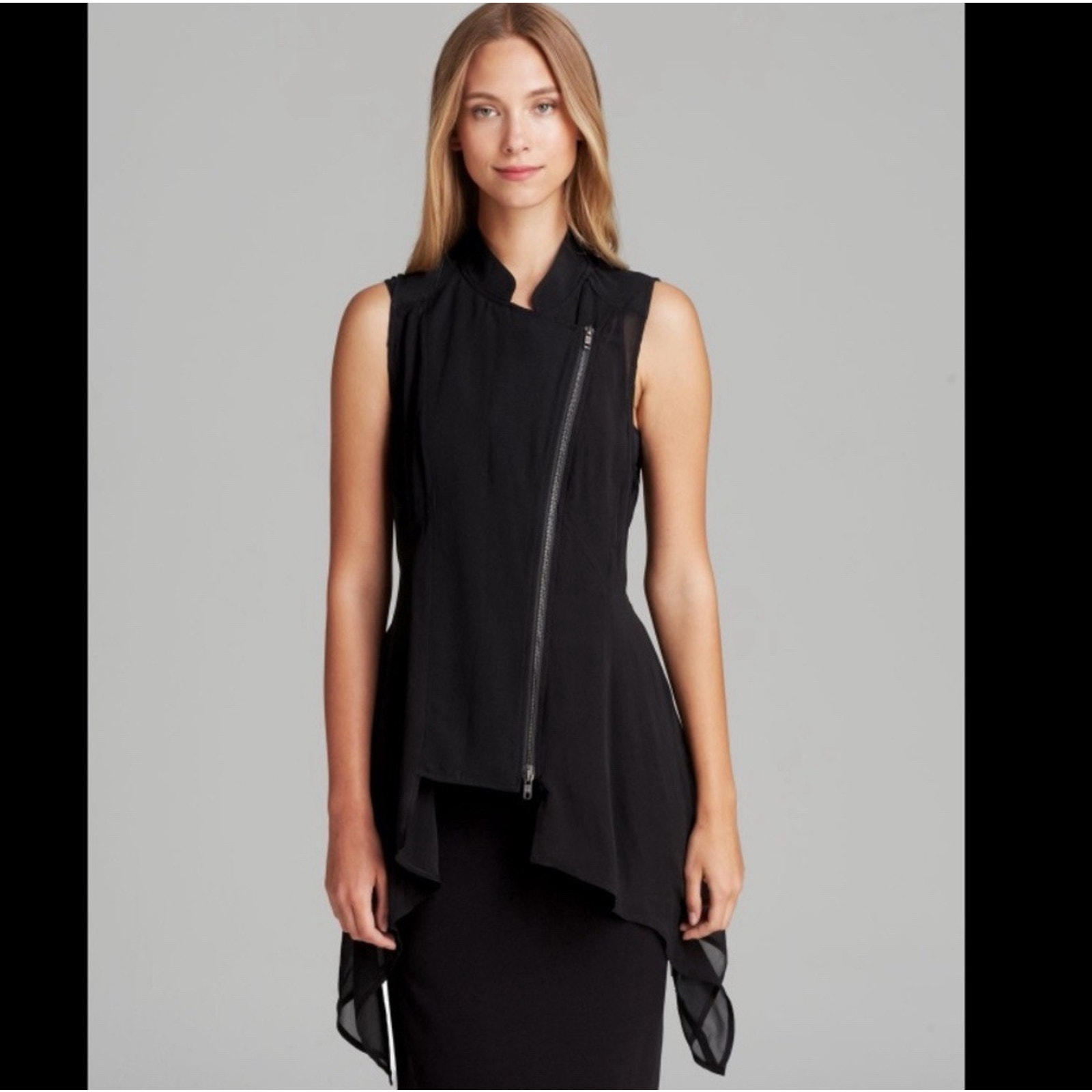 NWT Eileen Fisher Black Silk Asymmetrical Zip Shark Bite Hem Sleeveless Vest M