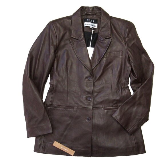 NWT Reformation x VEDA Hal Fitted Leather Blazer in Chocolate Brown Jacket L