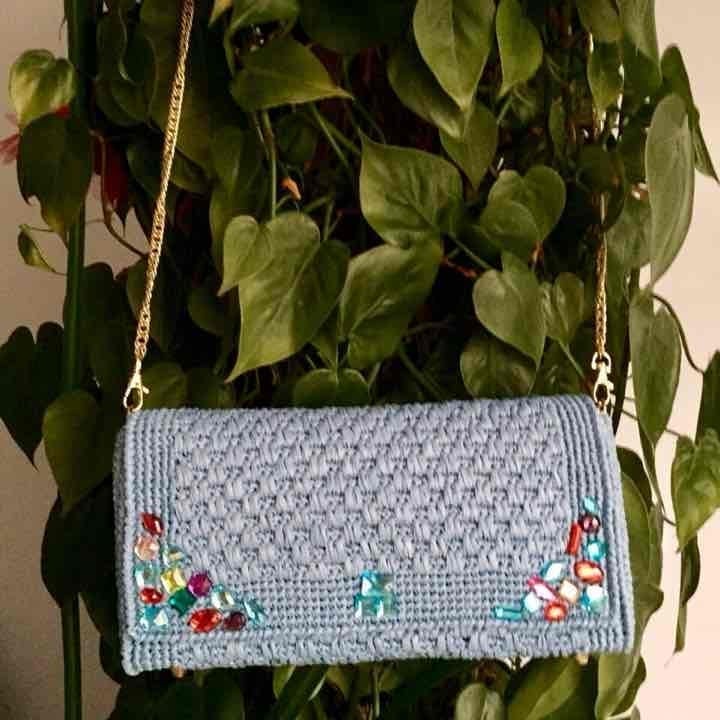 New handmade Crochet blue raffia shoulder bag