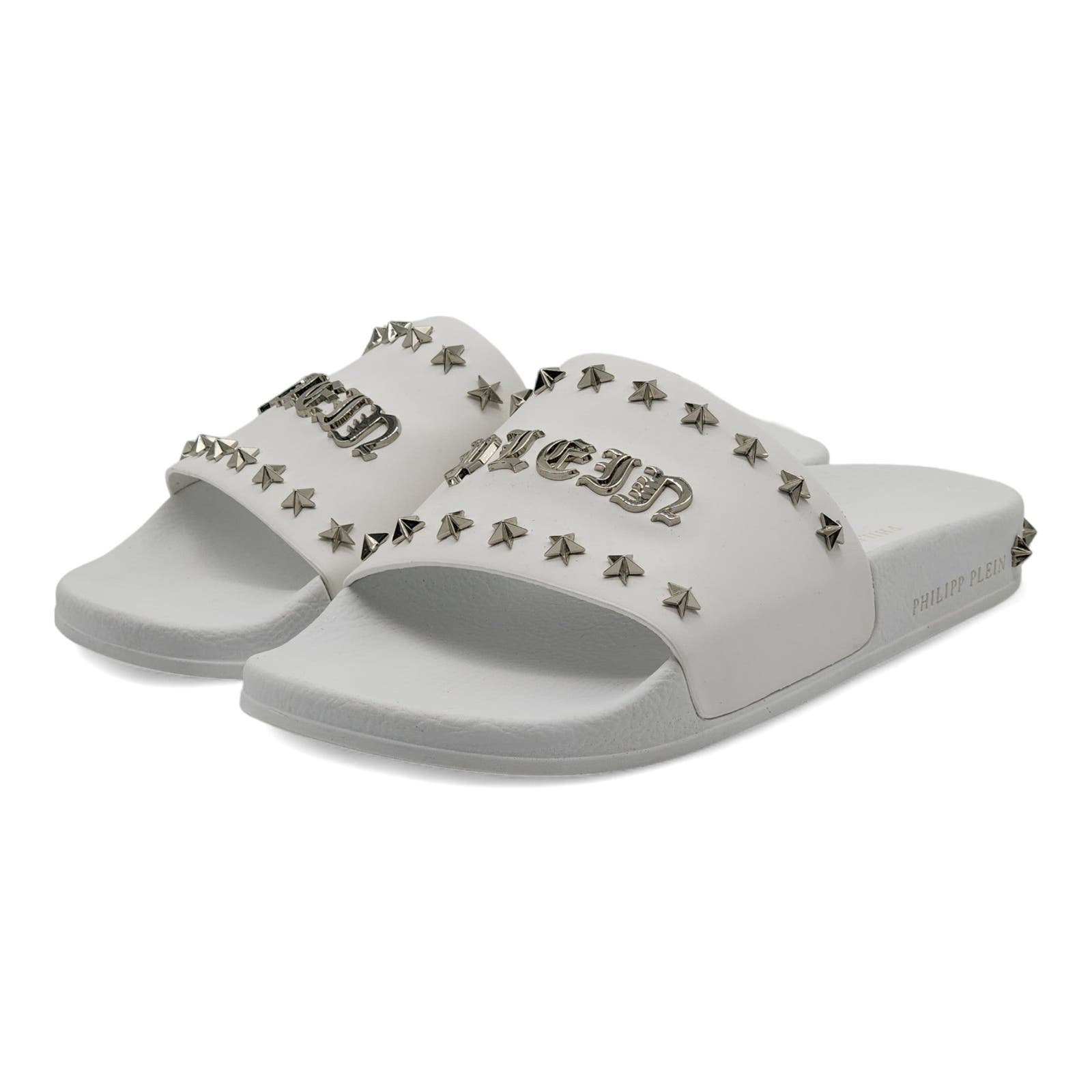 Philipp Plein Flat Gummy Gothic Plein Studded Slides in White 42 495