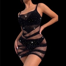 Black Rhinestone Studded Lingerie Bodystocking Dress
