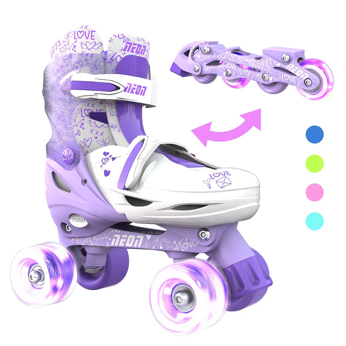 2-in-1 Child Skates Inline and Quad - Girls, Size 3-6 Adjustable, One Pair