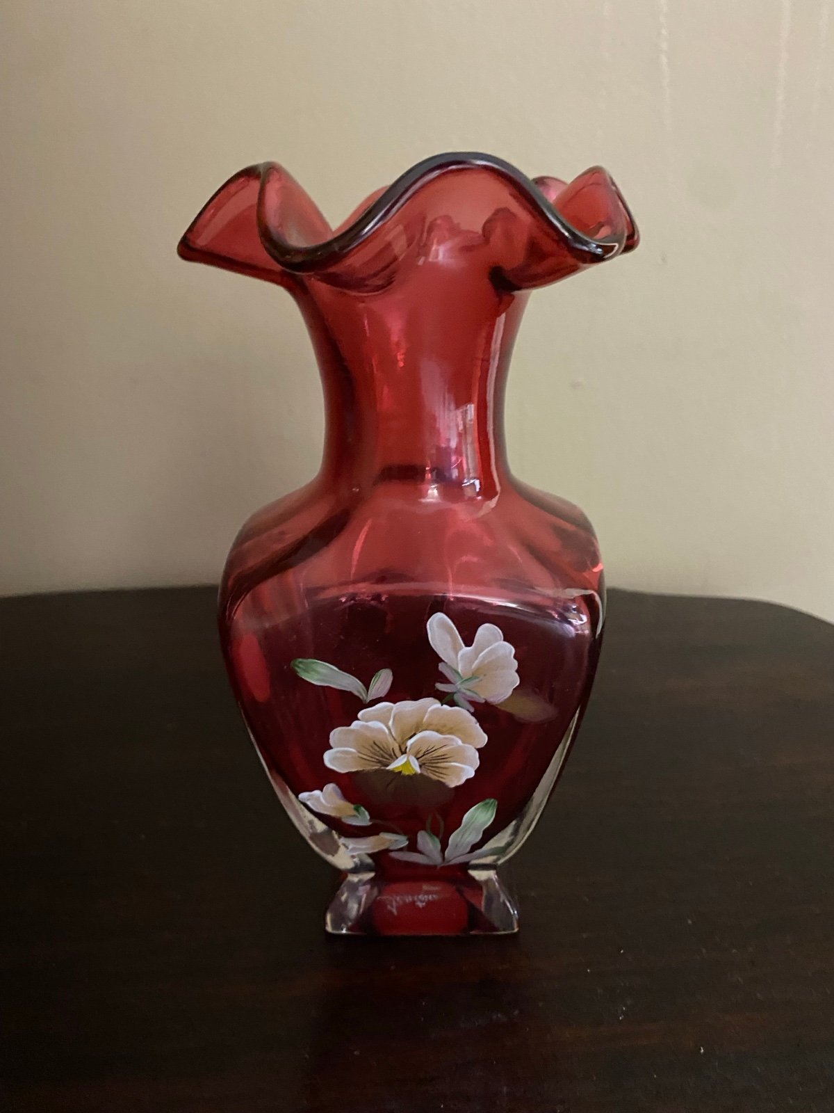 Fenton Cranberry Hand-Painted Glass Vase