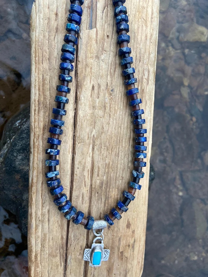 Vintage ceramic beaded necklaceSterling Silver, Lapis and Turquoise Necklace, La