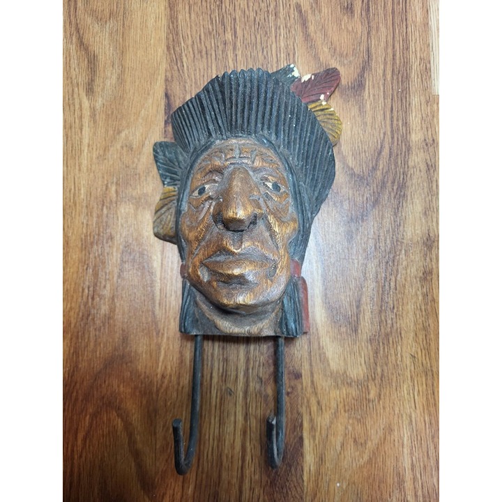 Handcrafted Wood Carved Native American Head Indian Wall Hanging Hook