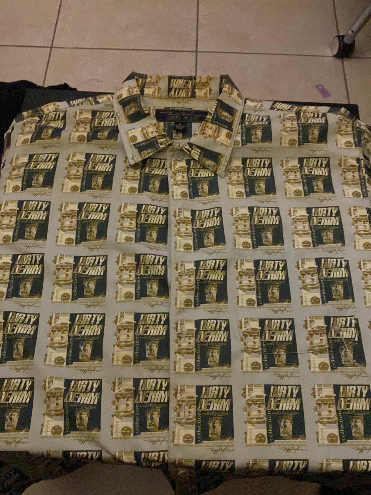DIRTY DENIM Ruff Ryders Men's XL Button Up Shirt Logo Polyester Hip Hop Vintage