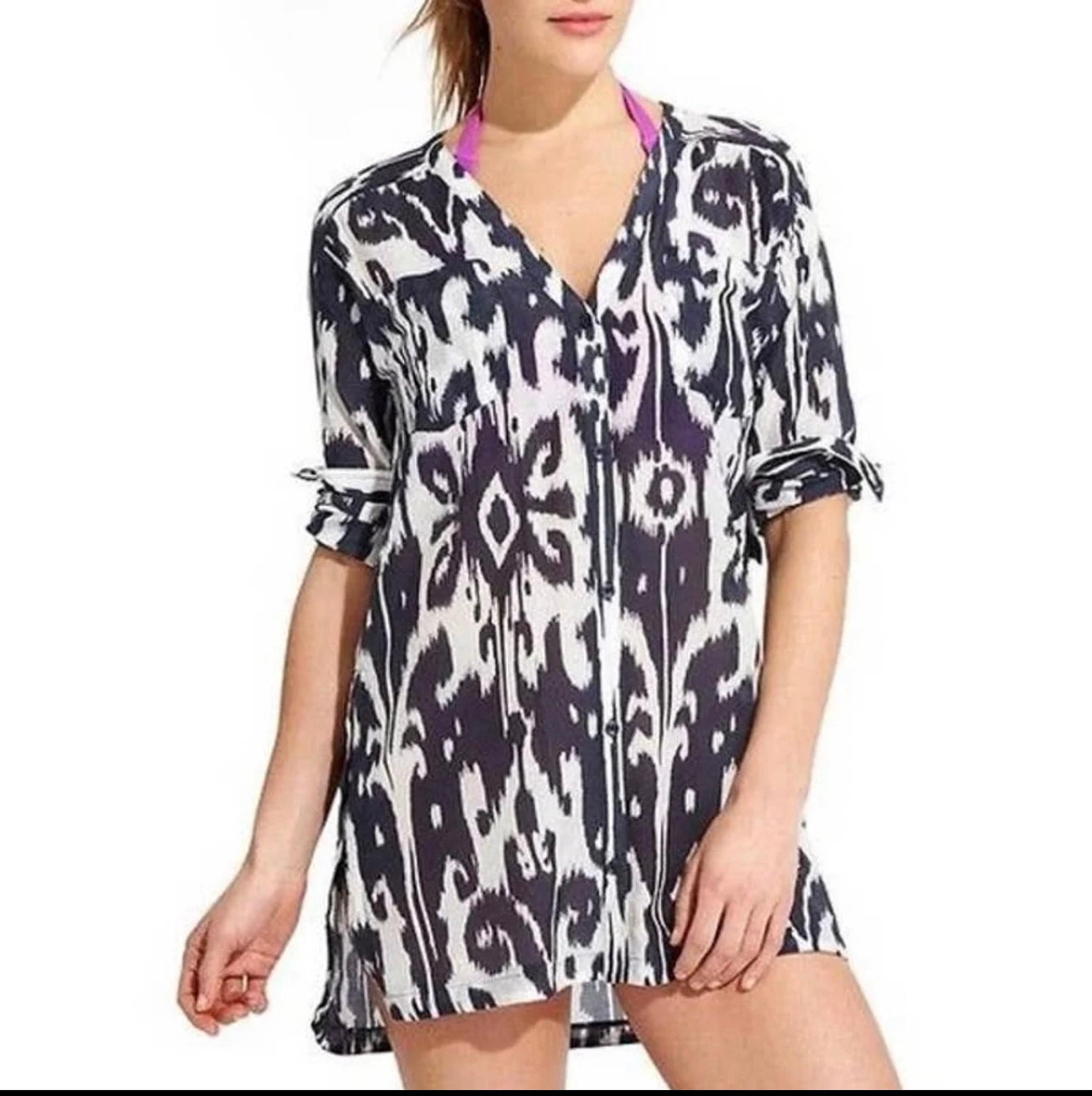 Athleta M Black White Ikat Print Kaftan Resort Swim Cover Up