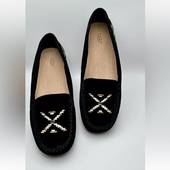 UGG Calze Driving Moccasins Slip On Loafers Rustic Weave Black Suede Womens sz 8
