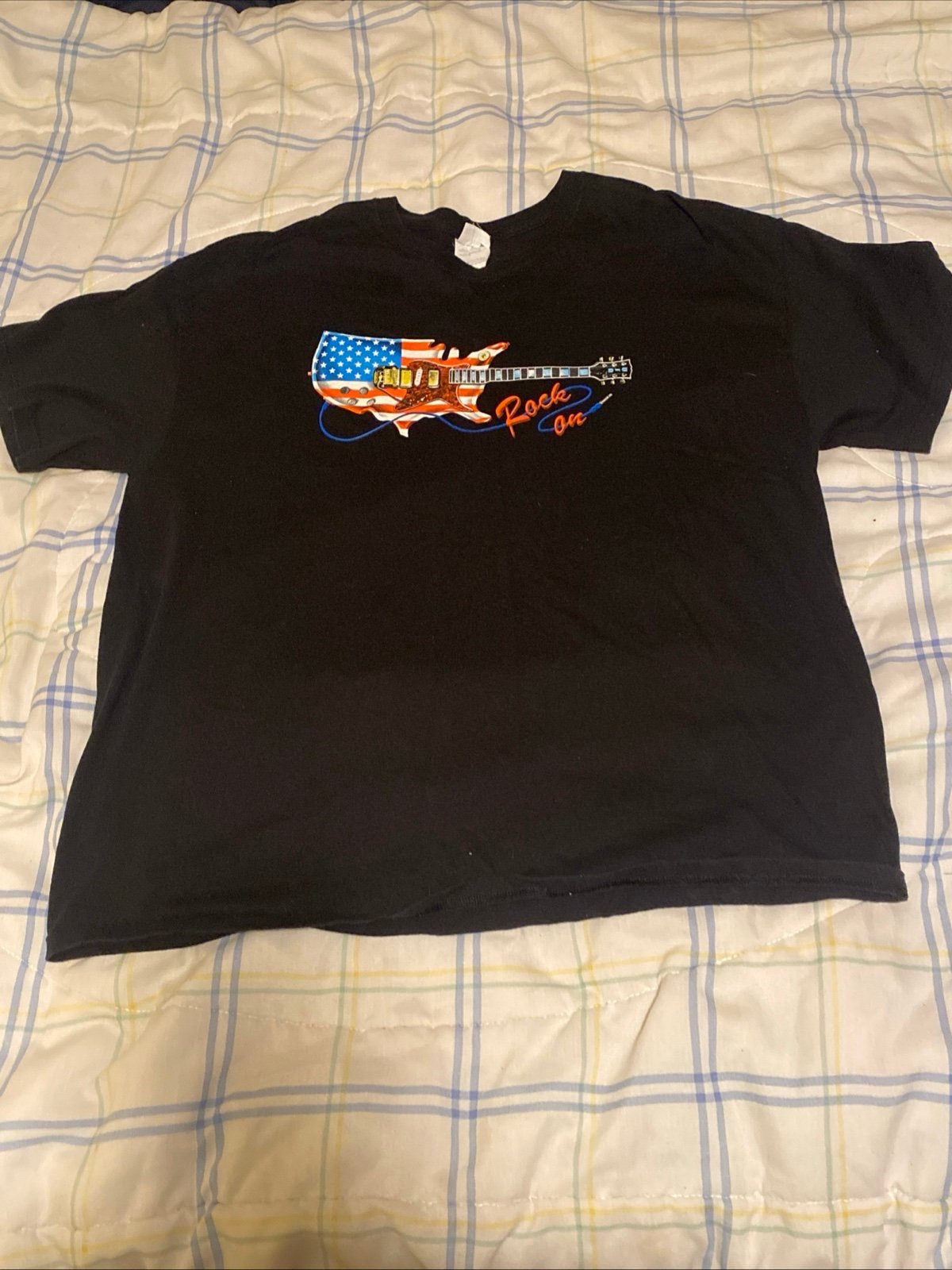 “Rock On” - USA Themed Guitar Image - Black Shirt - Adult 2XL -Hanes Vintage Y2K