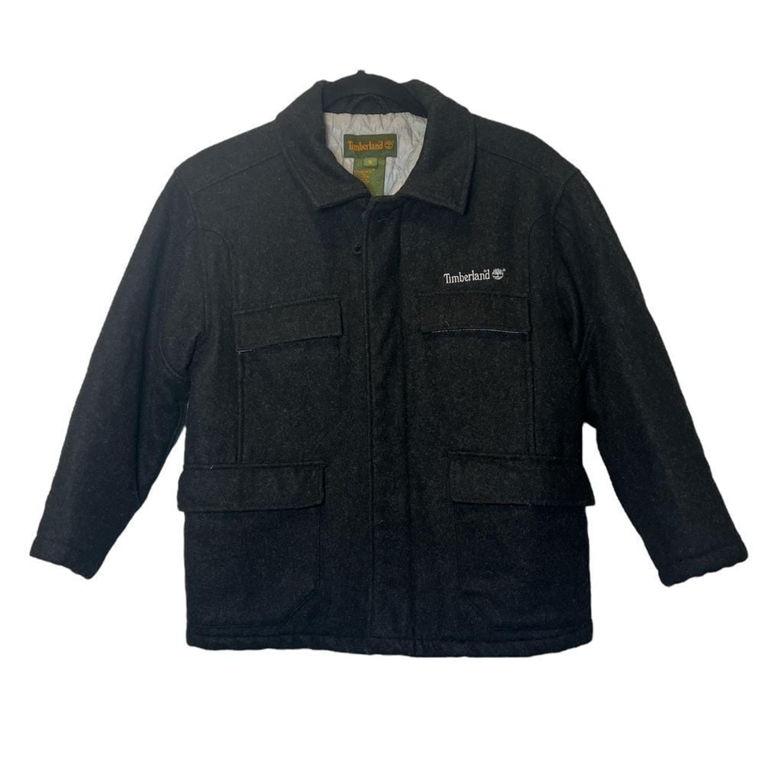 Timberland Men Small Black Wool Blend Logo Quilted Liner Collar Full Zip Jacket