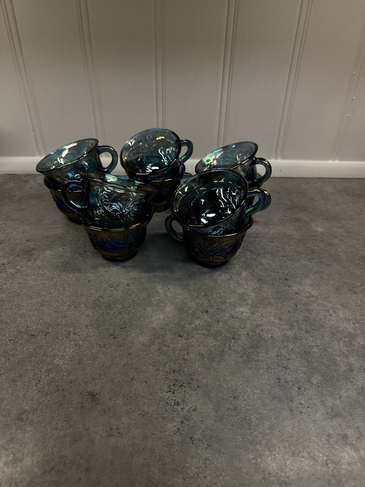 (10) ANTIQUE INDIANA BLUE CARNIVAL GLASS PUNCH, TEA CUPS LEAVES & GRAPES