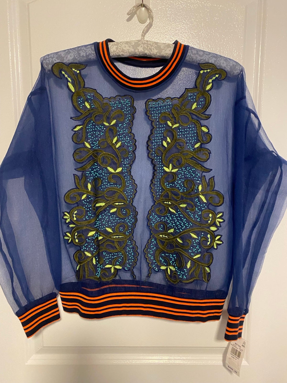 BETINA NY Embroidered Floral Swirl Beaded Sheer Organza Top Sweatshirt Size S