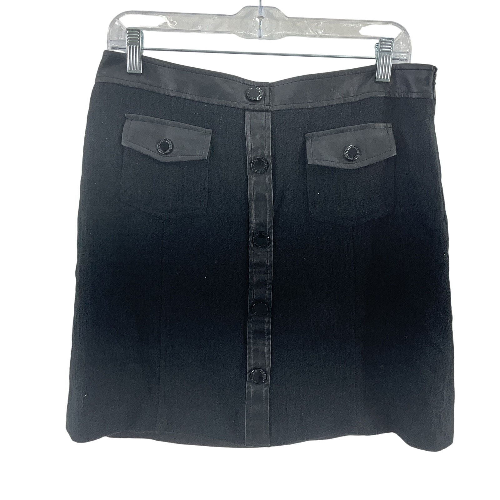 Karl Lagerfeld Black Faux Leather Trim A-Line Skirt Women’s Size 8 Cotton Blend