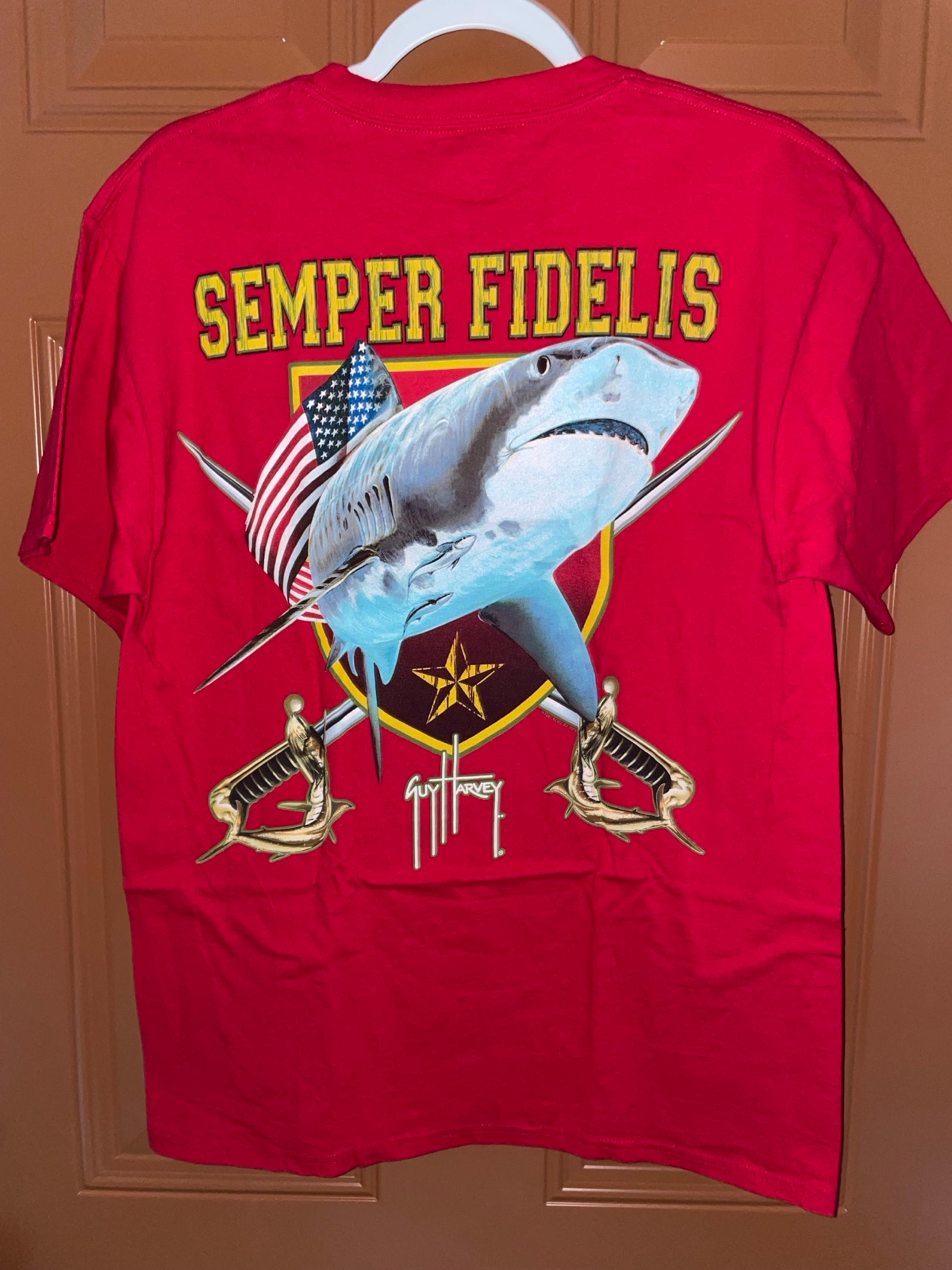 Guy Harvey Patriotic “Semper Fidelis” shark shirt MEDIUM