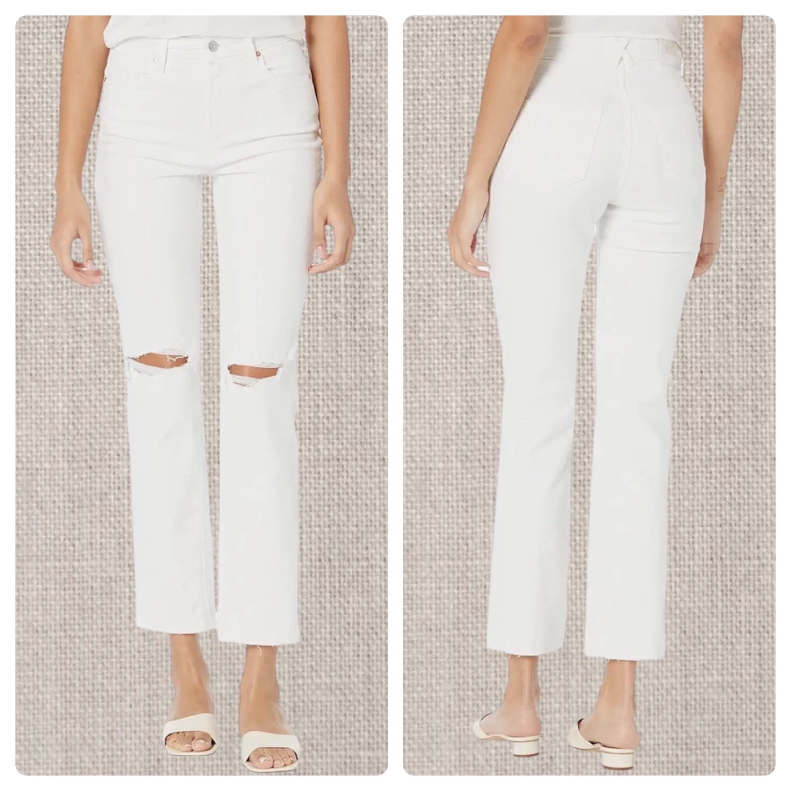 NEW Size 27 Paige High Rise Noella Cross-Back Raw Hem Soft Ecru Destructed Jean