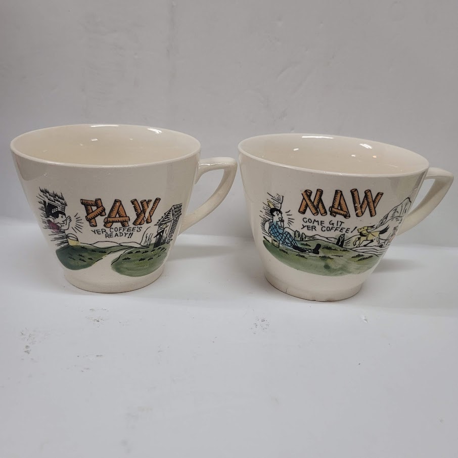 Pair of vintage Japan Maw and Paw Country Hillbilly coffee tea cups mugs large