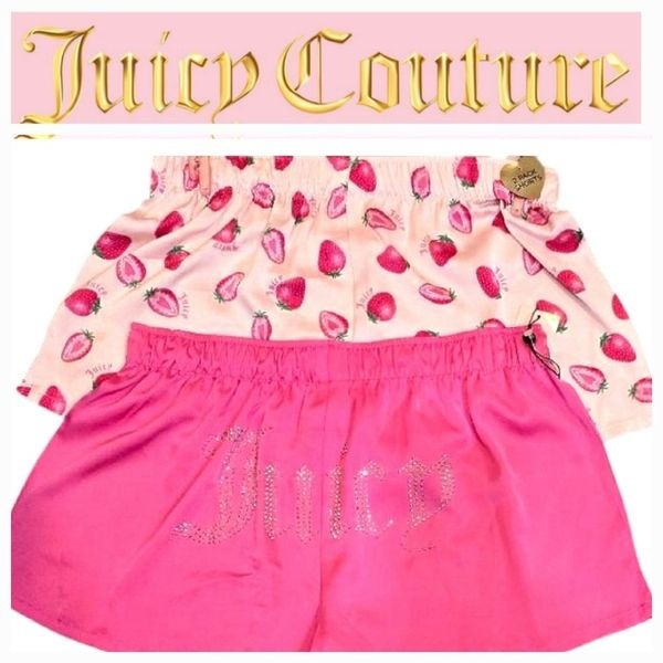 Juicy Couture Rhinestone Logo & Strawberry Print Satin Lounge Shorts