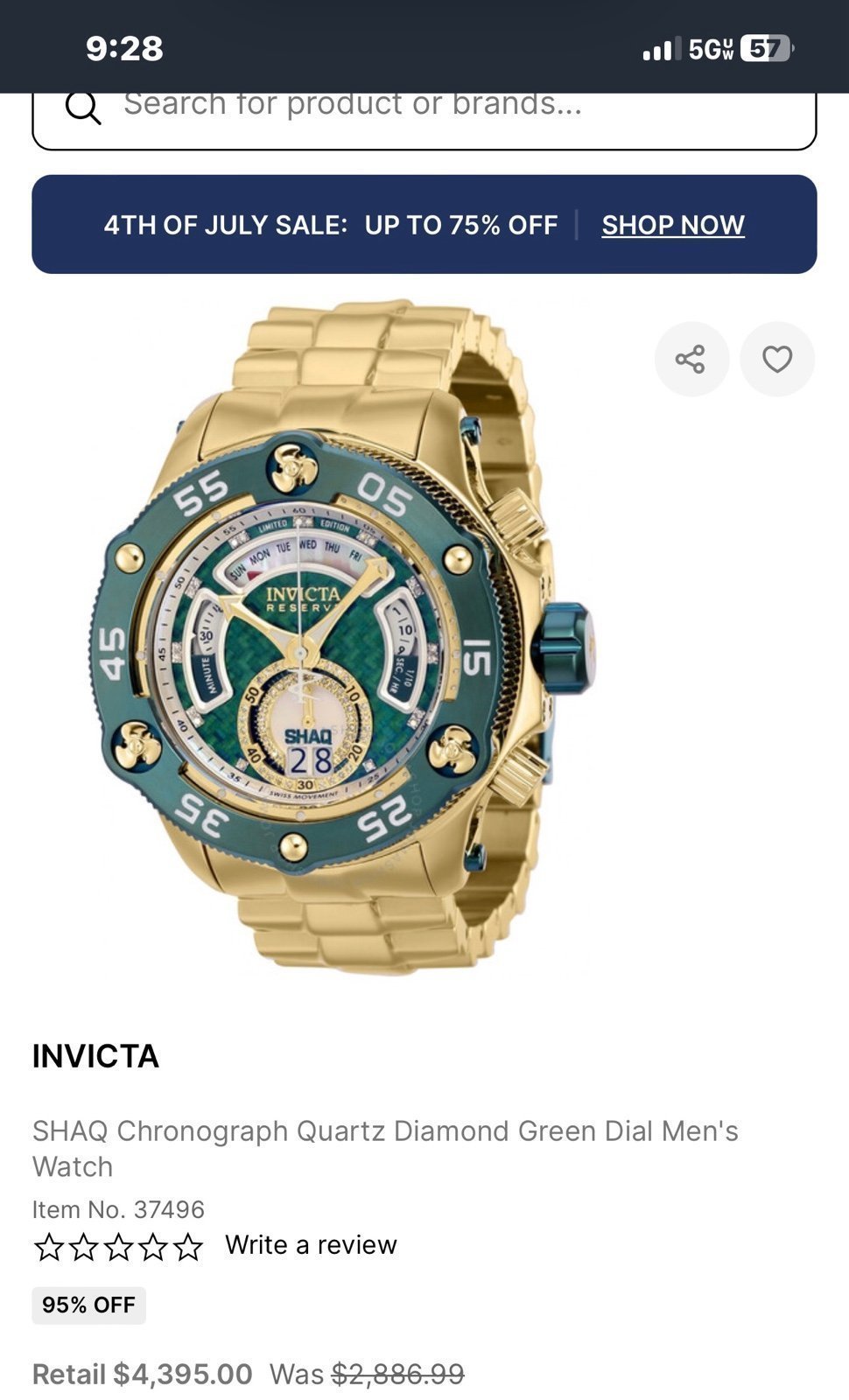 SHAQ Chronograph Quartz Diamond Green Dial Men's Watch Item No. 37496