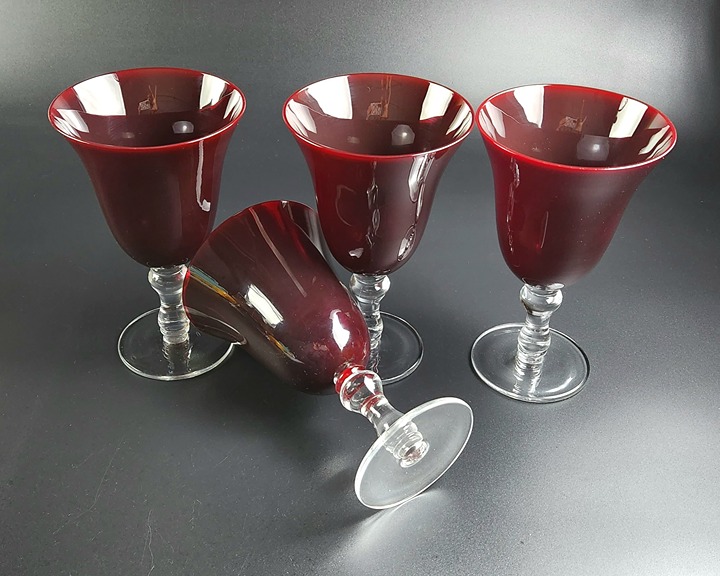 Vintage Large Ruby Red Hand Blown Glasses/Goblets - Set of 4 - 7 1/4 Tall