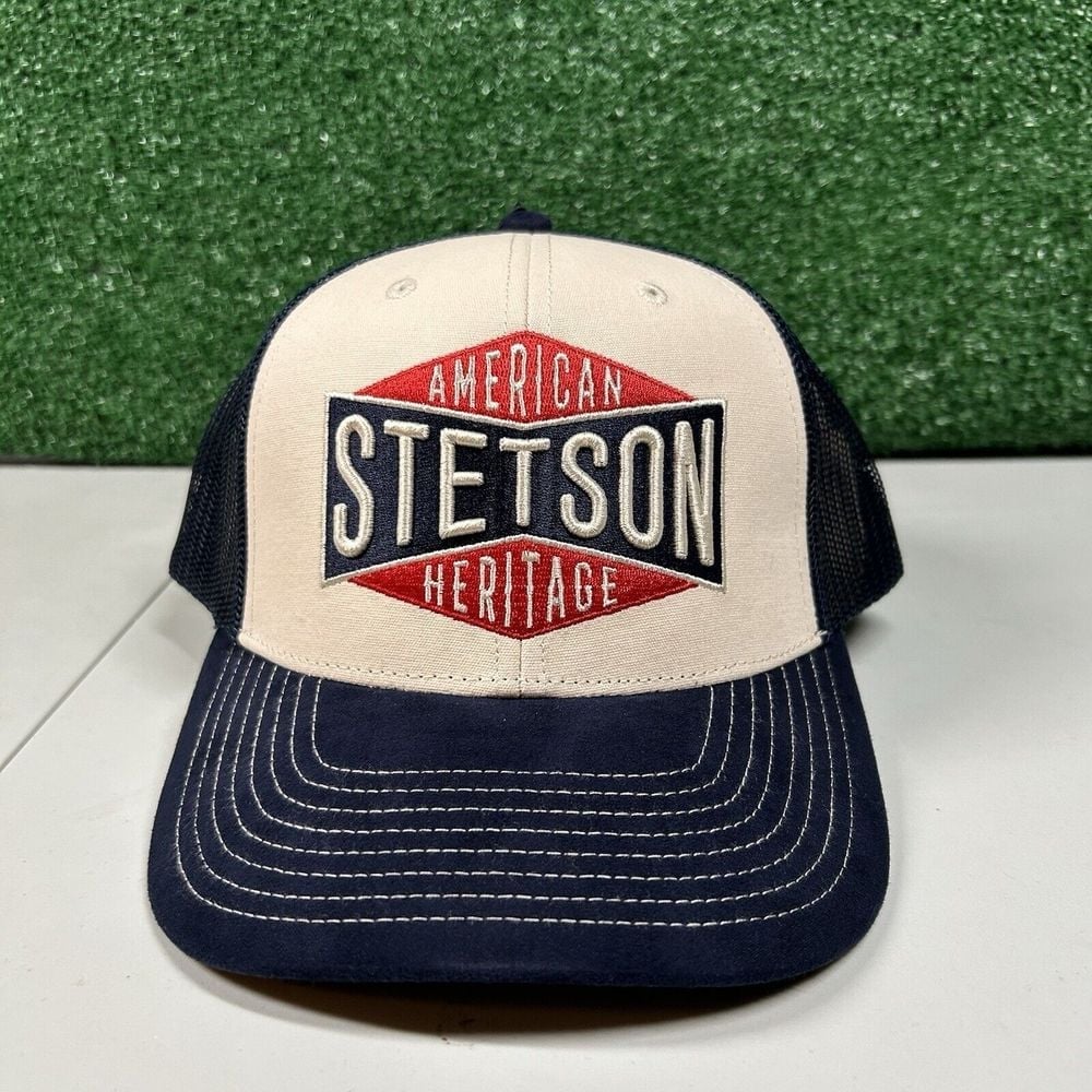 Stetson American Trucker Hat Cap Men Beige Navy Snapback Western Adjustable New