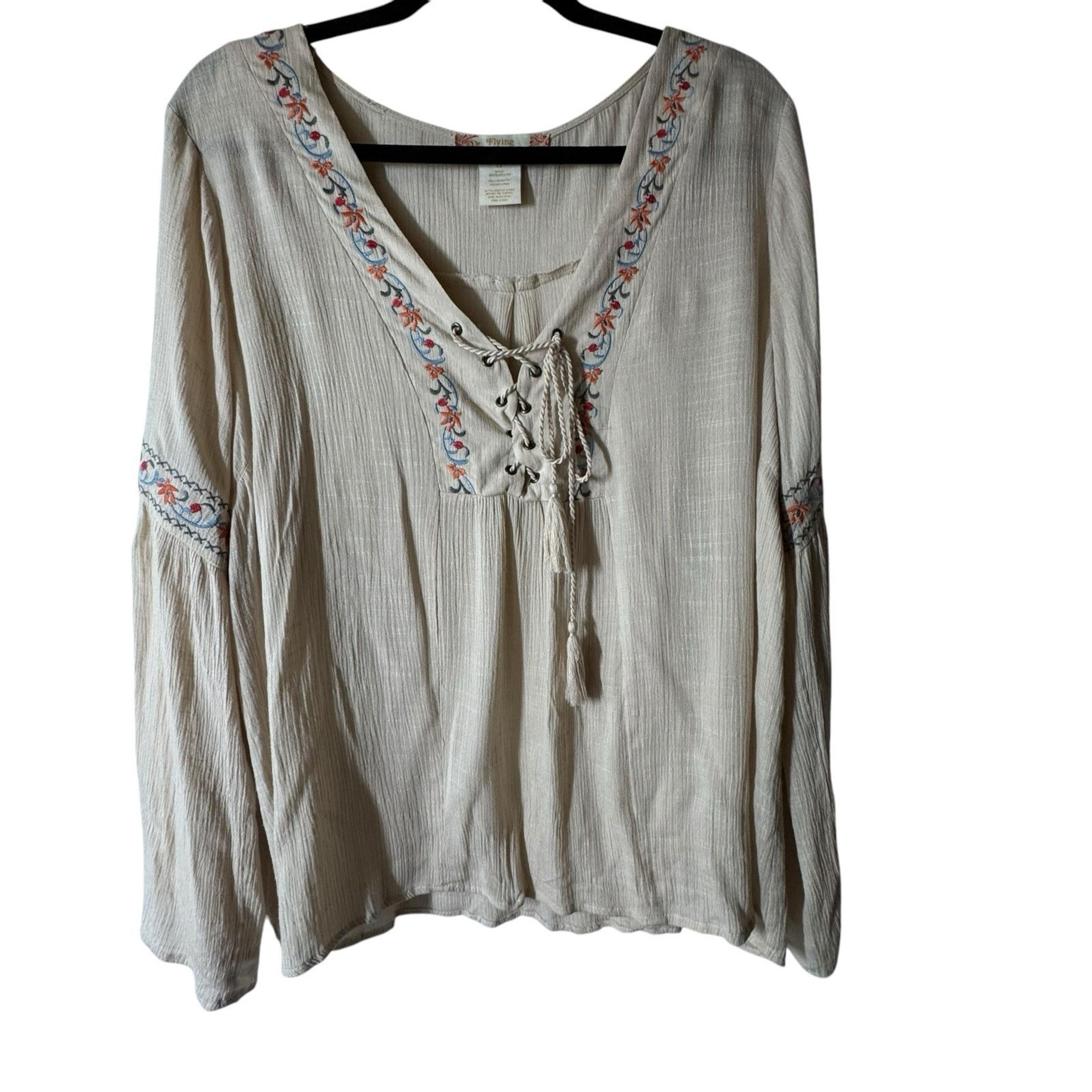 Flying Tomato Top Women's Plus 2X Vanilla Lace-Up Neck Long Sleeve Boho