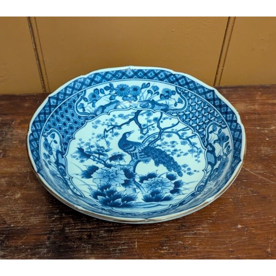 Japanese Andrea by Sadek Signed Peacock Large Bowl Blue & White W/Peacock 9.75